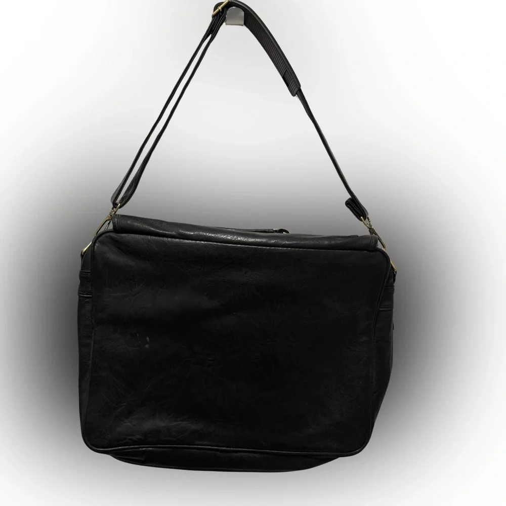 Vintage Black Leather Messenger Laptop Bag Multi Pocket Work Bag Toppers